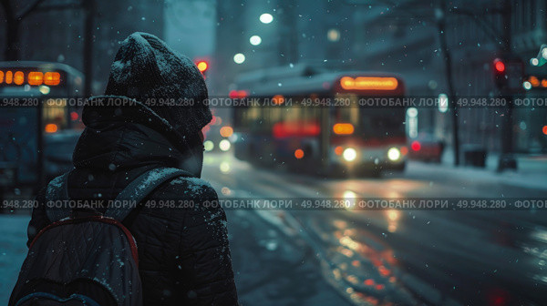 A person standing on a snow-covered street, surrounded by buildings and trees, under a cloudy sky. Стоковое AI-изображение, AI-художник Данила Большаков / Фотобанк Лори