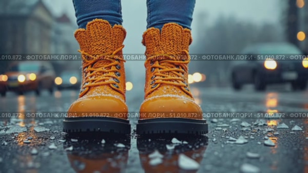 A person stands on a snowy street wearing bright orange winter boots, capturing the essence of a cold urban evening atmosphere. Стоковое AI-видео, аниматор Данила Большаков / Фотобанк Лори