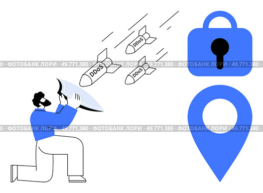 A person using a shield to protect against incoming DDoS attacks. Symbols of security and location. Ideal for cybersecurity, data protection, internet safety, online threats, IT security. Modern. Protecting from DDoS Attacks with Cybersecurity Measures. Стоковая иллюстрация, агентство Ingram Publishing / Фотобанк Лори