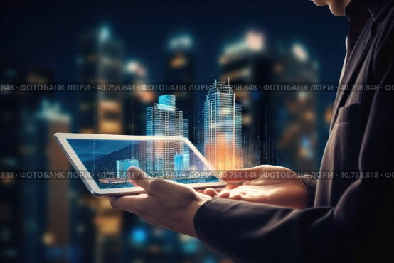 A person with a digital tablet and a hologram of modern buildings Illustration AI Generative. Стоковое AI-изображение, AI-художник Юлия Гапеенко / Фотобанк Лори