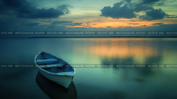 A photo of a lonely wooden boat on a smooth lake or sea surface during sunset. The soft shades of the sky are reflected in the water, creating a peaceful and meditative atmosphere. Perfectly conveys the mood of peace, solitude and harmony with nature. Suitable for website design, postcards, background images, articles about travel, freedom and inner balance. Стоковое AI-изображение, AI-художник Анна Кривицкая / Фотобанк Лори