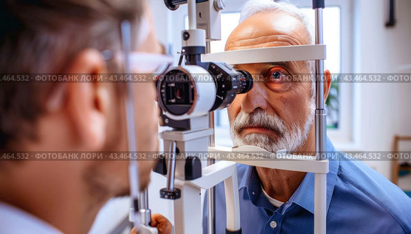 A photograph captures the moment when an elderly man visits an eye doctor for an eye examination. Стоковое AI-изображение, AI-художник Юрий Поздников / Фотобанк Лори