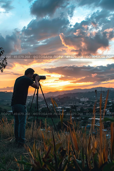 A photographer captures a stunning sunset over a cityscape, using a tripod to steady their camera. The golden hour light paints the clouds in hues of orange and pink, while the city lights twinkle below. Стоковое AI-изображение, AI-художник Данила Большаков / Фотобанк Лори