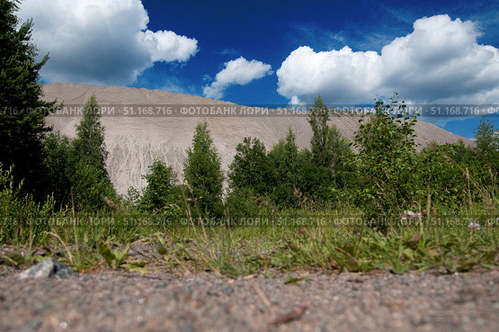 A picturesque summer landscape with a contrast between wild nature and man-made formation. In the foreground are green grasses and bushes growing against a blue sky with white clouds. Behind the trees rises a huge gray steep slope, similar to a man-made waste heap or mountain of rock. It stands out sharply against the rich greenery and blue sky, creating an unusual combination of natural and industrial landscape. The photo is great for use in themes related to ecology, industry, mining, as well as in the context of the opposition of nature and human activity. Стоковое фото, фотограф Анна Кривицкая / Фотобанк Лори