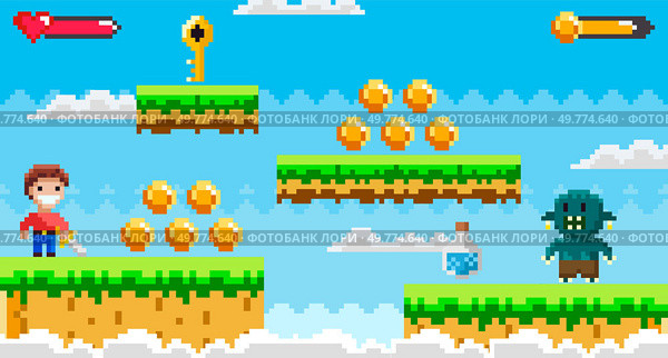 A pixel art style game scene features a character collecting coins, a floating key, platforms, and a green monster. Ideal for retro games, adventure, platformers, fantasy themes, and pixel art. Pixelated Adventure Platformer Game with Character, Coins, Key, and Green Monster. Стоковая иллюстрация, агентство Ingram Publishing / Фотобанк Лори
