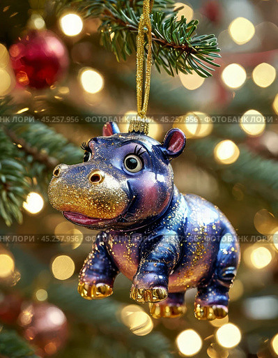 A plump pachyderm hippo on a Christmas tree, a colorful Christmas tree toy. New Year's decor. Festive New Year's atmosphere. Стоковое AI-изображение, AI-художник Сергей Елизарьев / Фотобанк Лори
