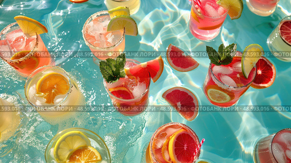 A pool filled with a variety of different drinks, creating a colorful and enticing display for guests to enjoy. Стоковое AI-изображение, AI-художник Данила Большаков / Фотобанк Лори