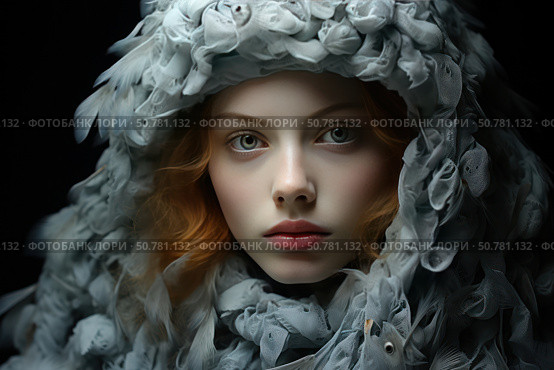 A portrait of a girl in a dramatic artistic image. Her face is the center of the composition, with soft, almost porcelain lighting that highlights her fair skin, expressive eyes and natural features. She wears an exquisite headdress consisting of many gray feathers and translucent fabric, which creates a sense of magic, mystery and inspiration from nature. The dark background makes the image even more expressive and focuses attention on the face. Ideal for stock themes: fashion, art, fairy tales, female beauty, style and nature. Стоковое AI-изображение, AI-художник Анна Кривицкая / Фотобанк Лори