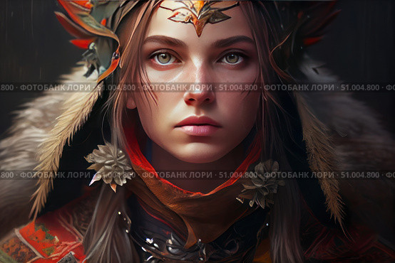 A portrait of a warrior in a fantasy outfit, made in realistic digital painting. A woman with a serious expression and a direct gaze, framed by decorative feathers, flowers and metal elements. The richly detailed costume combines fur, fabric and armor, emphasizing the character of the heroine. The image is filled with strength, dignity and mythological subtext. Suitable for illustrations for fantasy projects, books, video games, posters and concept art collections. Стоковое AI-изображение, AI-художник Анна Кривицкая / Фотобанк Лори