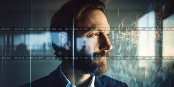 A portrait of thinkful businessman, glass reflections or double exposure, AI generative image. Стоковое AI-изображение, AI-художник Сергей Старуш / Фотобанк Лори
