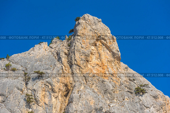 A powerful and majestic rock with sharp, expressive shapes, rushing upward against the bright blue sky. The rock massif consists of light gray limestone with veins of a warm ocher shade. In some places, rare pine trees grow on the cliff, giving the landscape a characteristic Crimean flavor. At the foot of the rock, the top of an electrical pylon is visible, which emphasizes the scale and height of the natural formation. A typical landscape of the southern coast of Crimea, ideal for themes of travel, nature, geology and active tourism. Стоковое фото, фотограф Анна Кривицкая / Фотобанк Лори