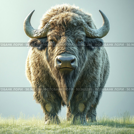 A powerful bison stands on green grass against the background of morning light, looking straight into the camera. Its thick fur, massive horns and confident look emphasize the strength and majesty of a wild animal. The image is perfect for illustrations dedicated to wildlife, animal protection, national parks and ecotourism. Стоковое AI-изображение, AI-художник Анна Кривицкая / Фотобанк Лори