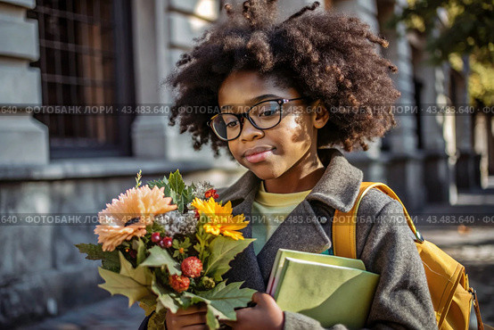 A pretty black African American woman in glasses with a bouquet of autumn flowers goes to school for the first time. A child with a school bag, a book and flowers. A child on a city street. Back to school. Стоковое AI-изображение, AI-художник Photojuli / Фотобанк Лори