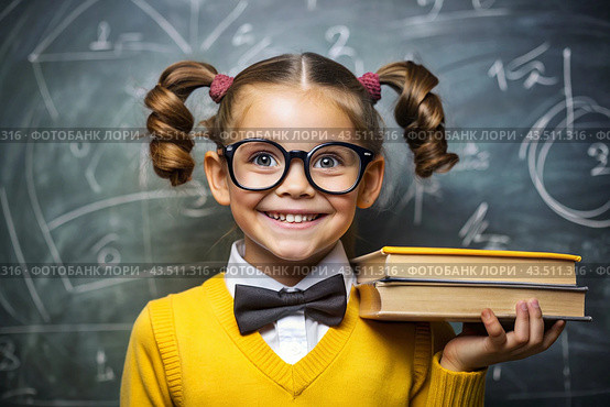 A pretty girl with glasses and books in her hands. The child goes to school for the first time. A child in the classroom on the background of a blackboard. Back to school. Стоковое AI-изображение, AI-художник Photojuli / Фотобанк Лори