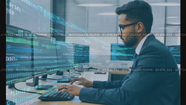 A professional analyzes data trends on multiple screens in a contemporary office environment. Стоковое AI-видео, аниматор Данила Большаков / Фотобанк Лори