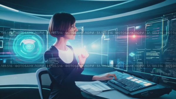 A professional works diligently at a sleek workstation, analyzing complex data and digital graphics on multiple screens in a modern control room. Стоковое AI-видео, аниматор Данила Большаков / Фотобанк Лори