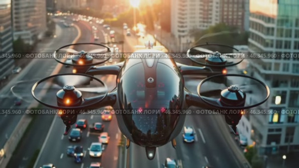 A quadcopter taxi is flying over the city. The world of the future and technology. Concept of future transportation. AI-generated item. Стоковое AI-видео, аниматор Алексей Кузнецов / Фотобанк Лори