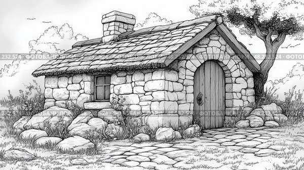 A quaint stone cottage features a thatched roof, a wooden door, and is nestled among rocks and lush greenery under a clear, sunny sky. Стоковое AI-изображение, AI-художник Данила Большаков / Фотобанк Лори