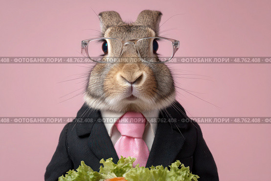 A rabbit wearing glasses and a suit is holding a bunch of lettuce. Стоковое AI-изображение, AI-художник Ярославский Максим / Фотобанк Лори