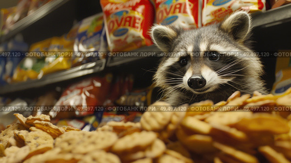 A raccoon cautiously peeks out from behind a pile of assorted crackers, exhibiting curiosity and possibly hunger. Стоковое AI-изображение, AI-художник Данила Большаков / Фотобанк Лори