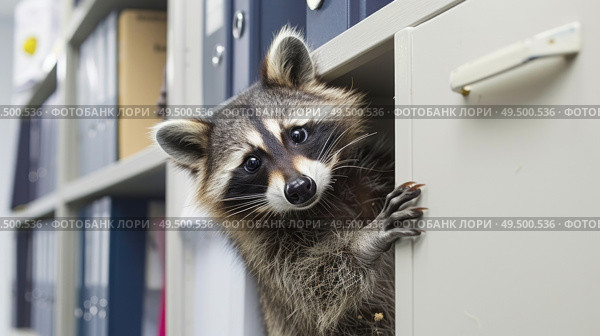 A raccoon with distinctive facial markings is partially hidden, peeking out from a cabinet door, with its inquisitive eyes looking around the room. Стоковое AI-изображение, AI-художник Данила Большаков / Фотобанк Лори