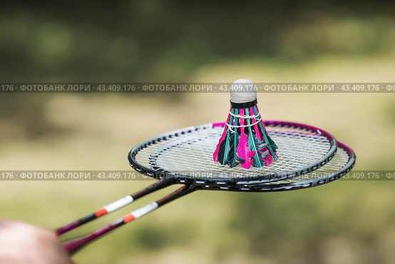 A racket and a shuttlecock on a background of green grass. Playing badminton. A summer sport. Outdoor games. Стоковое фото, фотограф Photojuli / Фотобанк Лори