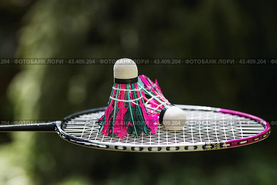 A racket and a shuttlecock on a background of green grass. Playing badminton. A summer sport. Outdoor games. Стоковое фото, фотограф Photojuli / Фотобанк Лори