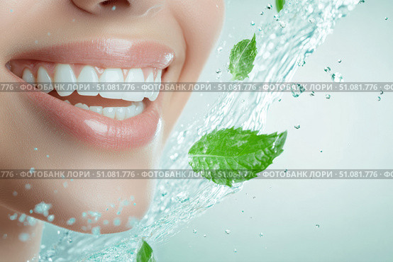 A radiant female smile shines with gleaming white teeth, surrounded by a swirl of blue water and mint leaves. This artistic scene embodies freshness and impeccable oral hygiene. Стоковое AI-изображение, AI-художник Nart / Фотобанк Лори