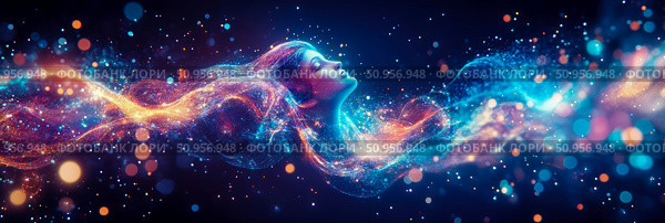 A radiant woman's profile bathed in a swirling stream of cosmic energy, representing the awakened mind; a captivating digital art concept for banner or abstract poster. Стоковое AI-изображение, AI-художник Данила Большаков / Фотобанк Лори