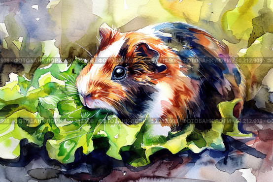 A realistic watercolor painting of a guinea pig munching on a leaf of lettuce. Стоковое AI-изображение, AI-художник Данила Большаков / Фотобанк Лори
