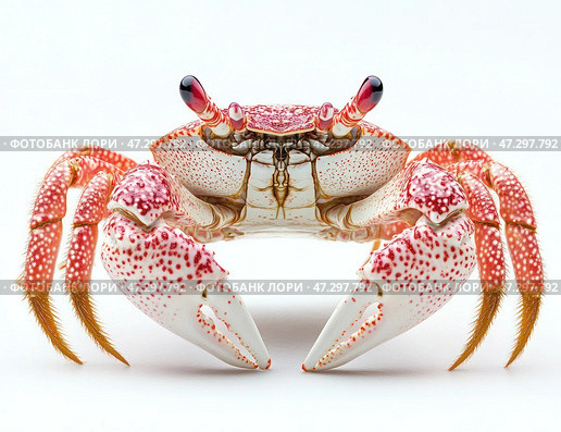 A red crab with lowered claws, highlighted on a white background. Стоковое AI-изображение, AI-художник Ярославский Максим / Фотобанк Лори