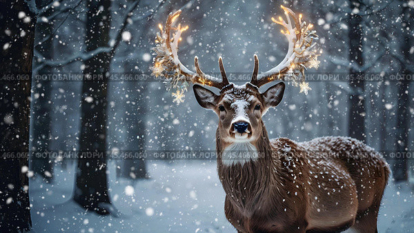 A red deer with shiny big horns in a Christmas garland in snowy weather against a forest background. Стоковое AI-изображение, AI-художник Photojuli / Фотобанк Лори