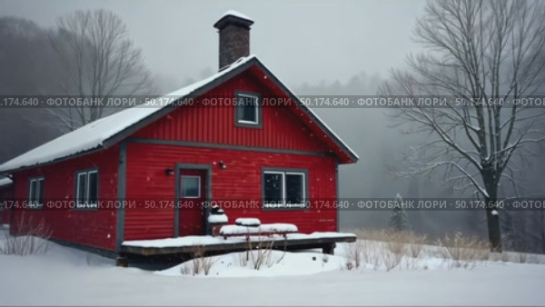 A red wooden house in a snowy landscape, standing on a snowy plain surrounded by trees, soft diffused light, frontal view. Стоковое AI-видео, аниматор Sergey Grishin / Фотобанк Лори