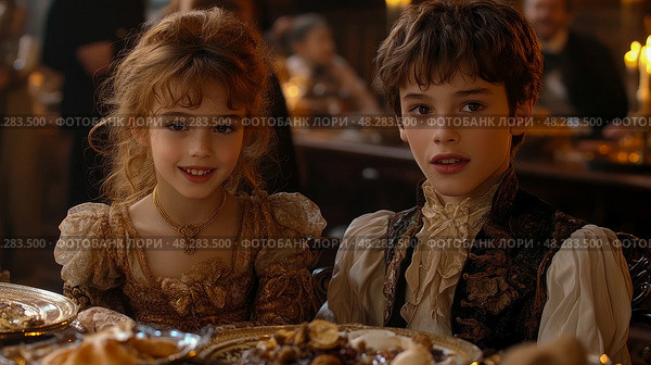 A regal portrait of young heirs seated at a festive feast, evoking old-world nobility and refined elegance. Стоковое AI-изображение, AI-художник Данила Большаков / Фотобанк Лори