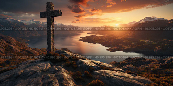 A religious Christian cross with a crucifix on the top of a mountain. Generated by AI.R. Стоковое AI-изображение, AI-художник Ярославский Максим / Фотобанк Лори