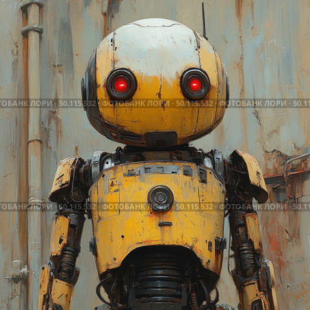 A retro-futuristic robot with a bright yellow body and expressive red eyes. It stands against a metal industrial wall with scuffs, pipes and rust, which emphasizes the post-apocalyptic atmosphere. The robot is made with elements of wear, paint chips and mechanical connections, while its design evokes associations with both friendly characters and a potential threat. The illustration is suitable for the themes of robotics, science fiction, post-apocalypse and concept art. Стоковое AI-изображение, AI-художник Анна Кривицкая / Фотобанк Лори