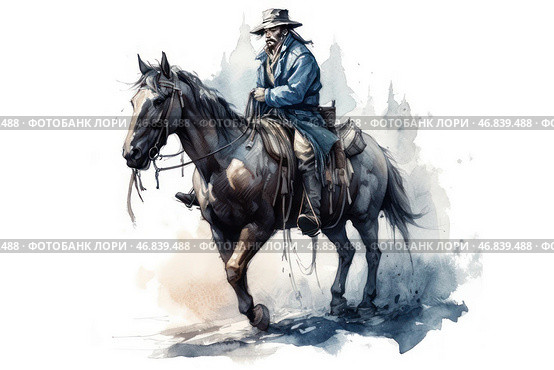 A rider in cowboy attire, sitting on a horse. He is wearing a long blue coat or cloak, a wide-brimmed hat, and boots. His face is partially hidden by his beard, giving him a stern and mysterious look. The horse appears strong and resilient, moving confidently forward. The artistic technique resembles watercolor or a digital imitation of a watercolor painting, with soft, blurry edges and an atmospheric background that creates a sense of open space, perhaps a prairie or the Wild West. Стоковое AI-изображение, AI-художник Анна Кривицкая / Фотобанк Лори
