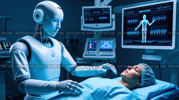 A robot is helping a woman in a hospital bed. Стоковое AI-изображение, AI-художник Ярославский Максим / Фотобанк Лори