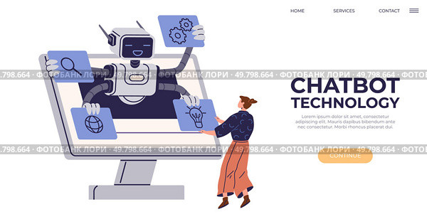 A robot with multiple arms extends from a computer screen, each arm holding a symbol representing technology queries and settings, while a person interacts with it. Ideal for technology, innovation. Friendly Robot Showing Chatbot Technology Interacting with a Person on Computer Screen. Стоковая иллюстрация, агентство Ingram Publishing / Фотобанк Лори