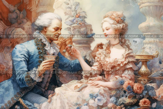 A romantic rococo scene depicting an 18th century aristocratic couple in luxurious attire. The man in a blue lace waistcoat and the woman in a lush dress with pink frills exchange a tender gesture - he offers her fruit, she smiles with the grace of a royal person. The background is an exquisite interior with columns, flowers, vases and sculptures. The atmosphere is saturated with the spirit of the Age of Enlightenment, gallantry and refinement. Ideal for themes of art, fashion history, romance and aesthetics of the past. Стоковое AI-изображение, AI-художник Анна Кривицкая / Фотобанк Лори
