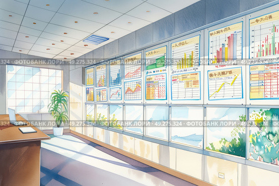 A room filled with an assortment of charts and graphs displayed on the walls, showcasing data analysis and information. Стоковое AI-изображение, AI-художник Данила Большаков / Фотобанк Лори