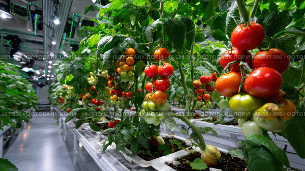 A row of tomato plants with many red tomatoes hanging from them. Стоковое AI-изображение, AI-художник Ярославский Максим / Фотобанк Лори