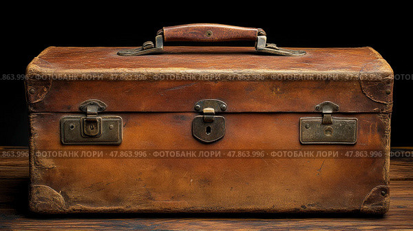 A rustic leather toolbox sits on a wooden surface, showcasing its worn texture and metal clasps. The craftsmanship reflects a rich history of utility. Стоковое AI-изображение, AI-художник Данила Большаков / Фотобанк Лори