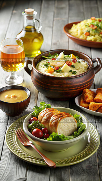 A Rustic Tavern Table Setting With Creamy Soup, Roasted Chicken, and Fresh Salad. Generative AI. Стоковое AI-изображение, AI-художник Roman Zavorotny / Фотобанк Лори