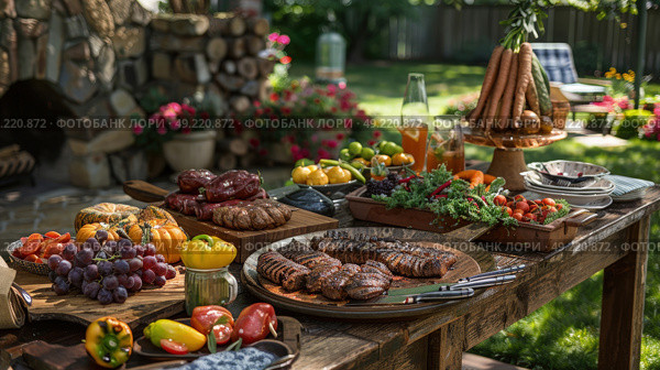 A rustic wooden table laden with grilled meats, fresh fruits, and vegetables offers a sumptuous spread for an outdoor summer gathering. Стоковое AI-изображение, AI-художник Данила Большаков / Фотобанк Лори