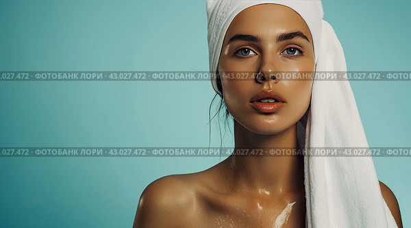A satisfied young woman takes care of her skin after a shower, wrapping her hair in a towel. Стоковое AI-изображение, AI-художник Ярославский Максим / Фотобанк Лори