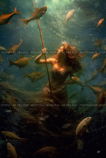 A scandinavian pagan goddess Ran in a long dress is holding her staff in the water. Generative AI image. Стоковое AI-изображение, AI-художник Сергей Старуш / Фотобанк Лори