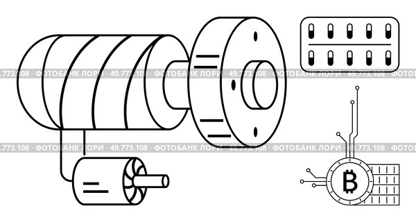 A schematic representation of a mining machine connected to a control panel and a Bitcoin symbol integrated with circuit elements. Ideal for technology, cryptocurrency, blockchain, mining processes. Blockchain Mining Symbolized in a Simplistic Mechanical Vector Illustration. Стоковая иллюстрация, агентство Ingram Publishing / Фотобанк Лори