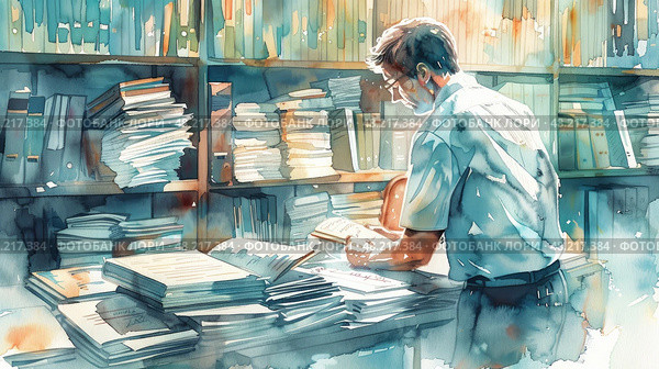 A scholar examines an ancient book amidst towering shelves of manuscripts. Стоковое AI-изображение, AI-художник Данила Большаков / Фотобанк Лори