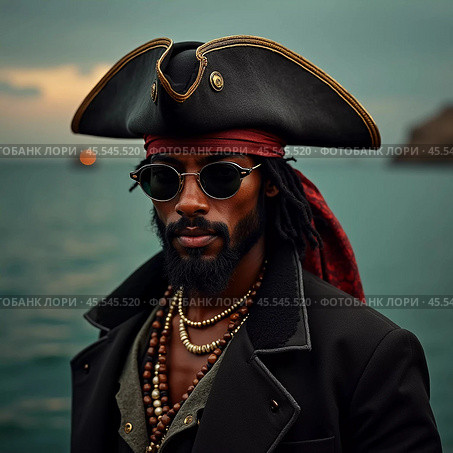 A seasoned pirate captain with long dreadlocks and a striking beard stares intently into the distance. Piracy is an activity committed by pirates, robbing ships on the seas, oceans. Generative AI. Стоковое AI-изображение, AI-художник Юлия Петровская / Фотобанк Лори